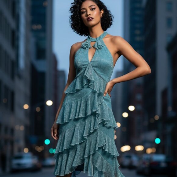 EWEL BY BADGLEY MISCHKA Dallas High-Low Tiered Halter Dress Size 2 NWT $278 - Picture 1 of 6